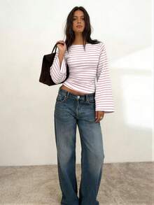 Striped Contrast Rib Knit Long Sleeve T-Shirt For Women, Casual Everyday Wear - Purple Powder - View 6