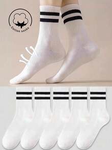 10 Pairs Women's Black & White Striped Simple Versatile Campus Sports Ankle Socks - Black and White - View 5