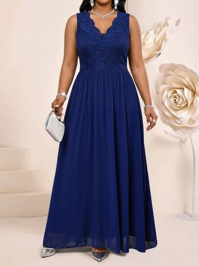 Fleurora Plus Size Women's Romantic Elegant Formal Blue V-Neck Lace Wave Edge Decoration Sleeveless Off-Shoulder Waist A-Line Flowing Chiffon Long Dress,Summer Dresses For Women,Wedding Guest Dress Women,Holiday Outfits