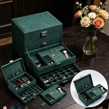 Large Capacity Lockable Velvet Jewelry Box With Drawers, Suitable For Storing Necklaces, Earrings, Rings, Bracelets, Great Gift For Women - Multicolor - View 1