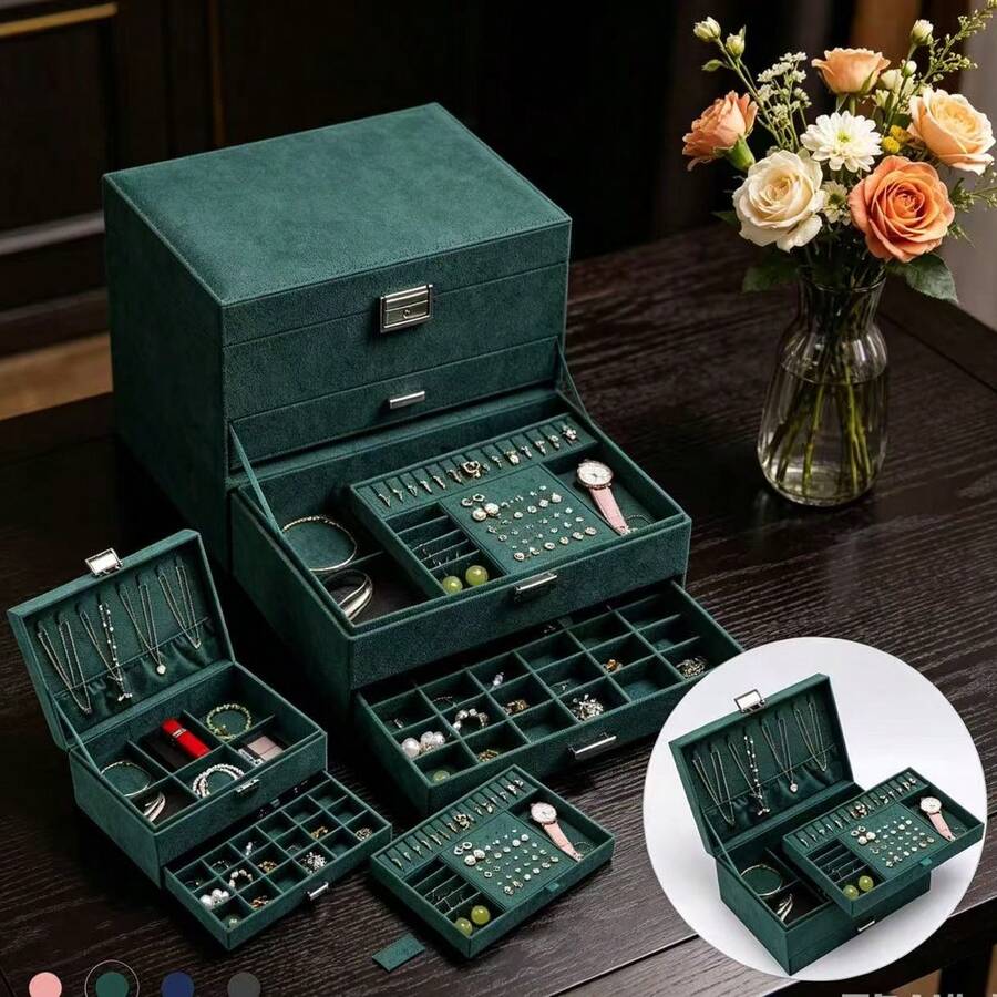 Large Capacity Lockable Velvet Jewelry Box With Drawers, Suitable For Storing Necklaces, Earrings, Rings, Bracelets, Great Gift For Women - Multicolor - View 1