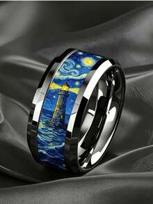 Personalized Artistic Style Ring, Black Tungsten Steel Band, Van Gogh Painting Replica, Men's Accessory - Silver - View 3