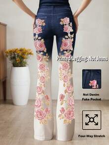 Pantalones estampados de talla grande, [pantalones estampados - no de tela de mezclilla] Pantalones acampanados de ajuste entallado con estampado de imitación de mezclilla, estampado floral, estampado con efecto de tela de imitación de mezclilla, bolsillos y botones de imitación, y estilo vintage de - Azul oscuro - Ver 4