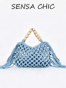 Casual Light Blue Crochet Mesh HandBag With Wooden Bead Handle And Tassel, Breathable Openwork Design, Ideal For Vacationers, Students And Casual Shoppers, Perfect For Beach Trips, Weekend Getaways And Daily Errands - Blue - View 1