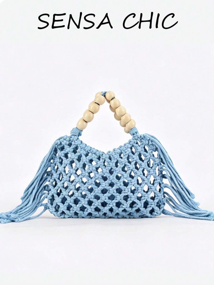 Casual Light Blue Crochet Mesh HandBag With Wooden Bead Handle And Tassel, Breathable Openwork Design, Ideal For Vacationers, Students And Casual Shoppers, Perfect For Beach Trips, Weekend Getaways And Daily Errands - Blue - View 1
