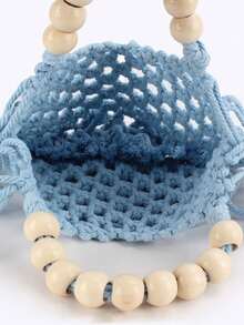 Casual Light Blue Crochet Mesh HandBag With Wooden Bead Handle And Tassel, Breathable Openwork Design, Ideal For Vacationers, Students And Casual Shoppers, Perfect For Beach Trips, Weekend Getaways And Daily Errands - Blue - View 3