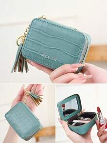 FOREVER MIYIN 1pc Crocodile Pattern Mini Cosmetic & Jewelry Storage Box, Built-In Mirror And Keychain, Zipper Closure, Lipstick Storage Bag, Cosmetic Organizer, Portable Compact Travel Makeup Bag, Suitable For Women's Daily Use, Outdoor Travel And Girls' Carry, Valentine's Day Gift, Mother's Gift, Girlfriend Gift - Multicolor - View 11
