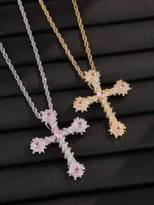 1pc Minimalist Vintage Cross Pink Zirconia Necklace, Clavicle Chain, Suitable For Christian Women Daily Wear Jewelry Accessory, Gift - Cross - View 8