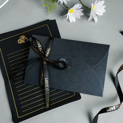 16 Stück Schwarz-Gold Folie Luxus Briefumschlag Set, romantisches Liebesbrief Schreibpapier für Hochzeitseinladungen, Geburtstagskarten