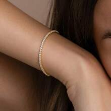 1pc Zirconia Inlaid Single Row High Quality Bracelet, Women's Fashion Simple Personalized Adjustable Pull-Cord Versatile Bracelet - Gold - View 4