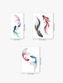 3 Pieces Of Chinese Ink Wash Multi-Color Koi Fish Combination Vertical Temporary Tattoos, With Realistic Tattoo Design. Suitable For Travel, Music Festivals, Games, Graduation Gifts. Lasts For 3-5 Days. - Multicolor - View 2