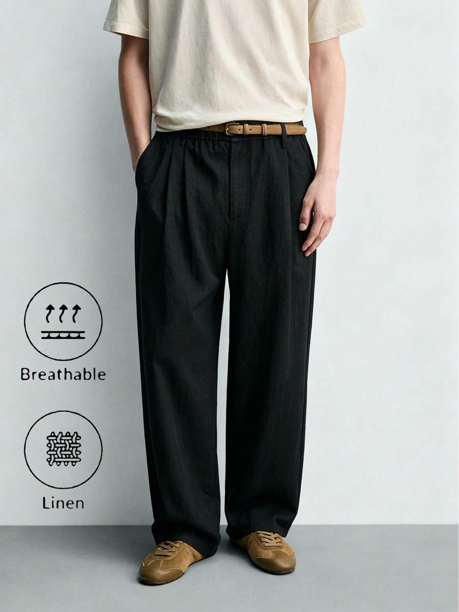 Old Money Style Men's Black Pleated Wide Leg Pants, Elastic Waist Casual Straight Leg Trousers, Suitable For Office And Daily Wear - Black - View 1