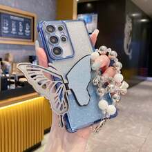 1 Pair Butterfly + Bracelet Holder, Shockproof/TPU Silicone Soft Edge Luxury Protective Phone Case With Dust-Proof Holes, Suitable For Samsung Galaxy S24 Ultra/S24 Plus/S24/S23 Ultra/S23 Plus/S23/S22 Ultra/S22 Plus/S22/S21 Ultra/S21 Plus/S21 FE/S23 FE/S20 Ultra/S20 Plus/S20 FE And Holder Electroplated + TPU Silicone Soft Edge Full Coverage High-End Protective Case, Suitable For A5X/C1 2 3 4 5 6 7 8 9/9 8 7 6 5 4 3 2 1 And A1 2 3 4 5 6 7 8 9 9 8 7 6 5 4 3 2 1 - Blue - View 1