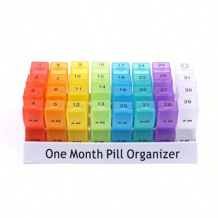 Organizador de pastillas de 32 ranuras y 31 días - Rejilla desmontable de pastillas mensuales, caja de almacenamiento de medicamentos portátil de gran capacidad adecuada para el almacenamiento diario de vitaminas - Multicolor - Ver 1