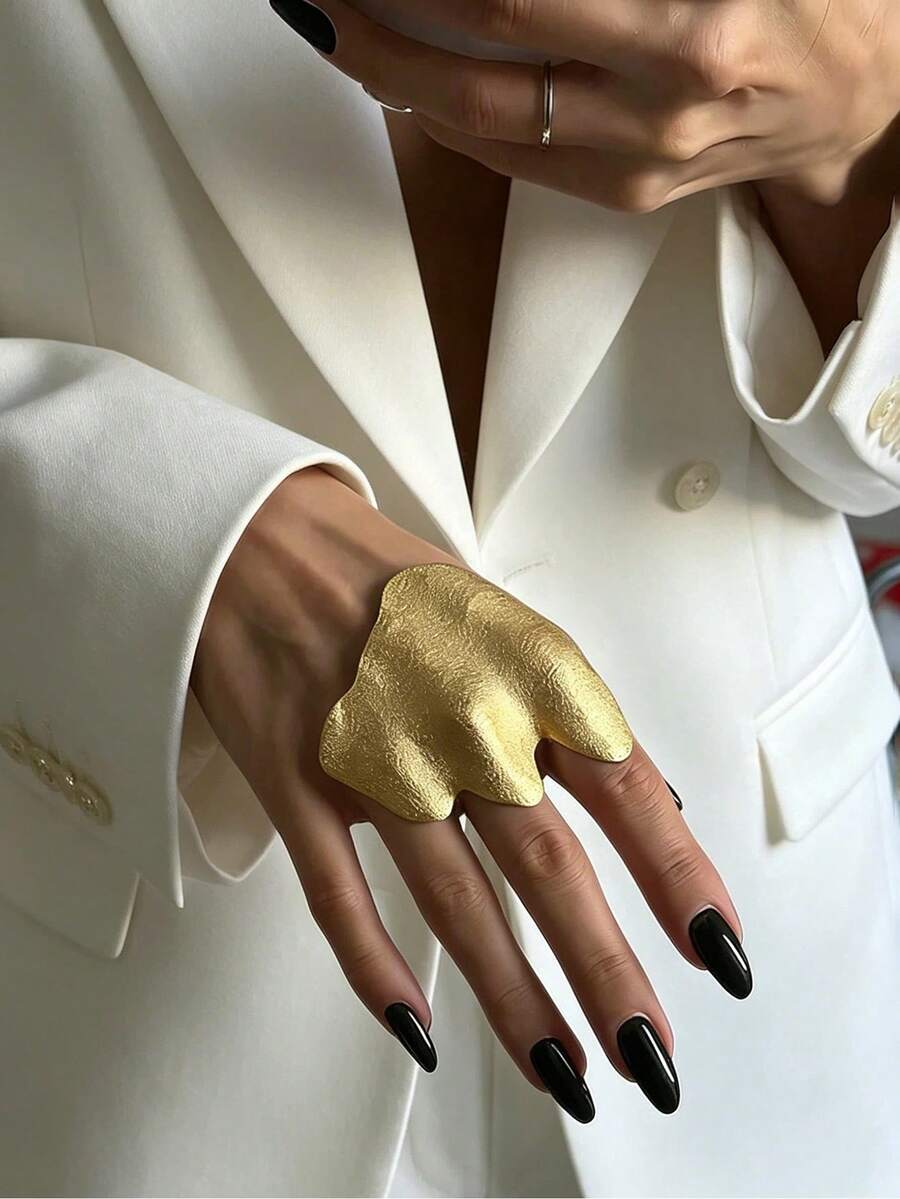 1 pieza Anillo de diseño plisado asimétrico único, de tonos frescos, con una artesanía exquisita y un estilo elegante - Dorado - Ver 1