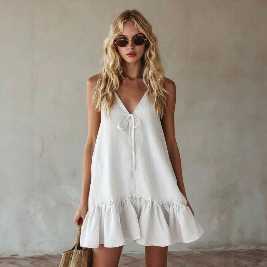 2026 Summer New Vintage Resort Style V-Neck Sleeveless Ruffle Loose Dress - White - View 1