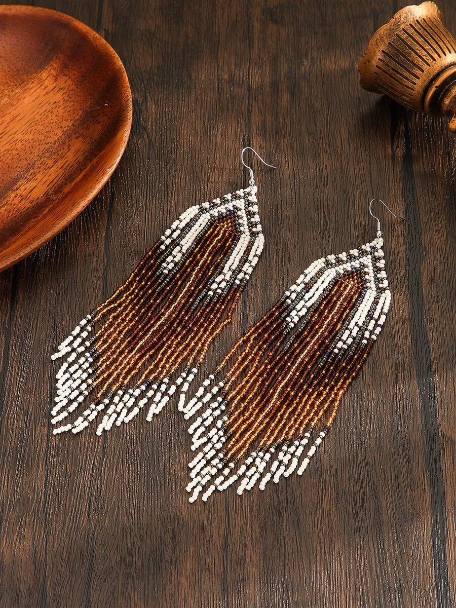 SOUL BEADING Bohemian Style Earrings, Desert Sunset Gradient Feather Tassel Long Dangle Earrings, Western Festival Costume Accessory - Caramel Color - View 1