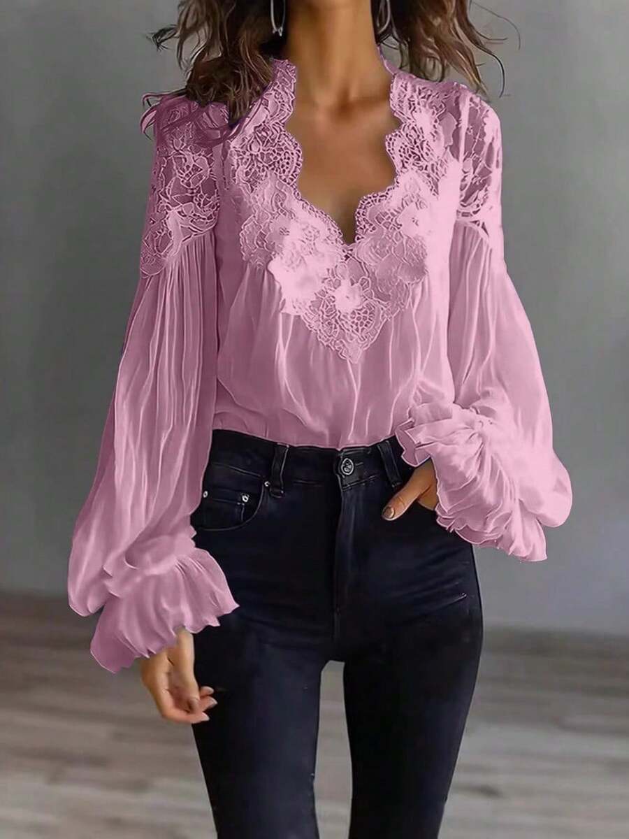 Elegante blusa rosa con cuello en V y ribete de encaje para mujer, manga larga, corte holgado, poliéster, estilo vintage, moda de otoño. - Rosa - Ver 1