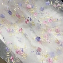 50cm / 1yd / 3yd / 5yd Transparent White Tulle Fabric – 51.1" Wide – Pink And Lavender 3D Pom Pom Floral Embroidery With Gold Vine Stems – Suitable For Princess Party Dresses, Wedding Table Decor - 1 - View 11
