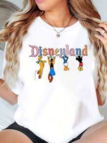 Disneyland Characters Print Disney Women T Shirt Round Neck Short Sleeve Casual Summer Outfit For Disneyland Trip Soft Comfortable 220g - trắng - Xem 1