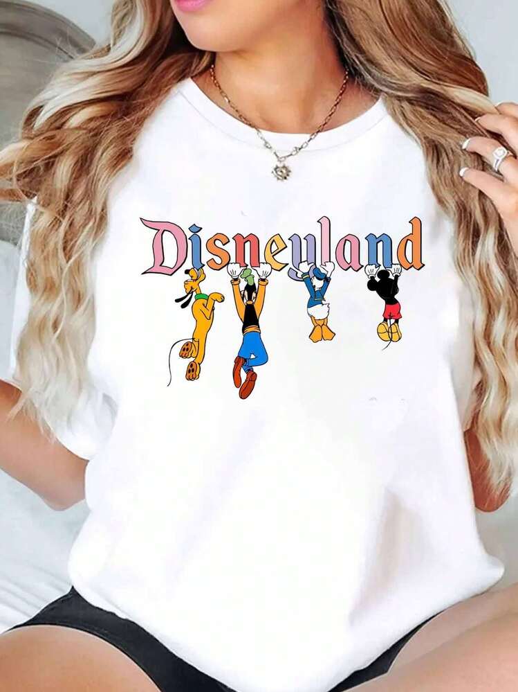 Disneyland Characters Print Disney Women T Shirt Round Neck Short Sleeve Casual Summer Outfit For Disneyland Trip Soft Comfortable 220g - trắng - Xem 1