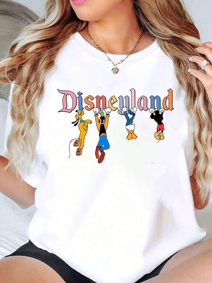 Disneyland Characters Print Disney Women T Shirt Round Neck Short Sleeve Casual Summer Outfit For Disneyland Trip Soft Comfortable 220g - trắng - Xem 1