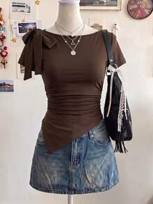 Women's Brown Off-Shoulder Bowknot Fitted T-Shirt With Ruched Waist And Asymmetric Hem, Sexy And Sweet Style, Suitable For Summer - Coffee Brown - View 3
