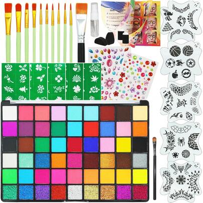 54 Color Face Painting Kit - Based Face And Body Paint Set With Brushes, Stencils, Sponges - Sensitive Skin, Halloween,, Birthday Parties, Festivals & Events.