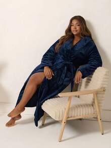 1pc/Plus Size Women's Pajamas Lingerie, A Fashionable Thick Flannel Bathrobe With Pockets, Waist Tie And Folded Collar, Soft And Comfortable, Suitable For Daily Wear - Navy Blue - View 3