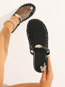 Wide Fit Women's Fashion European And American New Arrival Backstrap Fishnet Flat Sandals, Hollow-Out Comfortable Beach Slides - Black - View 2