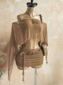 Nuevo conjunto sexy de fiesta con parte superior suelta asimétrica de hombro con lentejuelas doradas transparentes y falda mini fruncida de cintura baja, estilo bohemio, de vacaciones, vintage, para la playa, crucero - Caqui - Ver 7