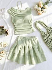 Girls' Summer 2 Pieces Set Yellow Pleated Knit Asymmetrical Shoulder Top + Multi-Layer Ruffle Skirt Set, Suitable For Summer Outdoor Casual Gatherings, Machine Washable - Mint Green - View 2