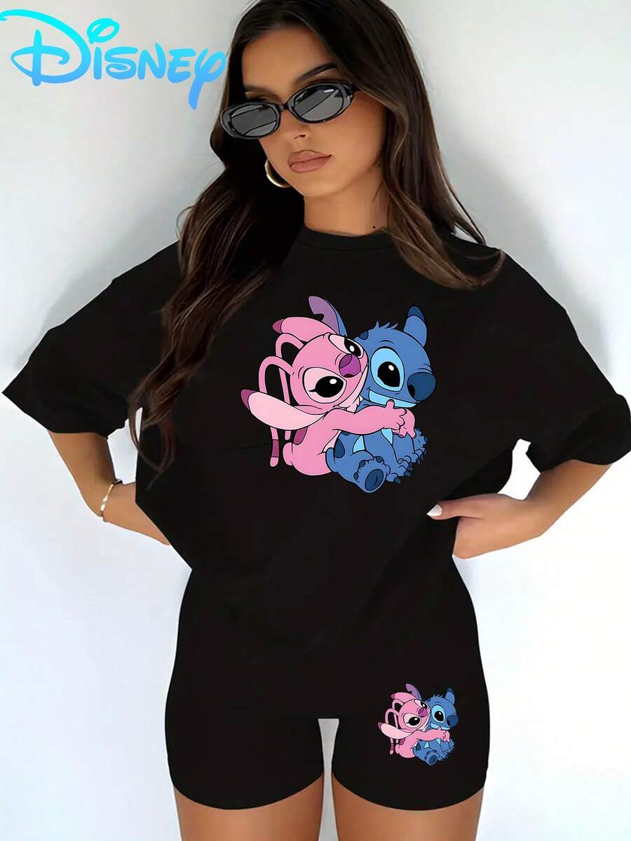 Lilo & Stitch "Stitch & Angel Hug" T-Shirt & Biker Shorts Setwomen's Casual T-Shirt And Yoga Pants Set, Perfect For Summer Travel And Relaxing At Home. Disney Licensed Stylish, Soft, And Comfortable Sportswear Set. - Black - View 1