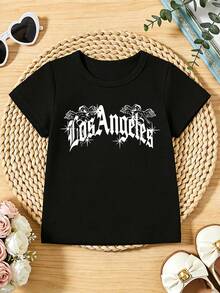 Soft, Casual Short-Sleeved, Crew-Neck T-Shirt For Girls With A Gothic Los Angeles Print, Ideal For Spring And Summer. White - Black - View 4