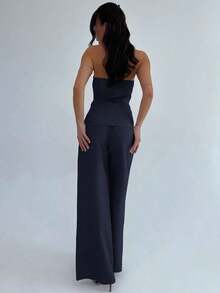 xheFirerie Conjunto de 2 piezas de top tipo tubo con botones metálicos elegantes y minimalistas, y pantalones de pierna ancha de cintura alta, apropiado para ir a la oficina, ocio, vacaciones, veranoxhe - Azul marino - Ver 4