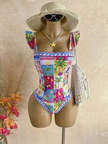 Women's Colorful Tropical Bird & Floral Print Square Neck Cap Sleeve One-Piece Swimsuit, Suitable For Beach Vacation Summer - Multicolor 2 - View 1