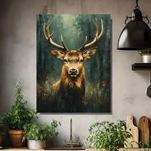 1pc 12x16 Inch Red Deer Stag in Bright Green Foggy Forest Canvas Wall Art - Modern Home Decor with Recycled Wood Frame, Ready-to-Hang Nature-Inspired Wildlife Painting for Living Room, Bedroom, Office, Deer Wall Decor, Office Artwork, Natureinspired Painting, Detailed Texture, Bedroom Artwork, Highquality Print, Nature Artwork, Nature Lovers, 2D Flat - Enmarcado - Ver 4