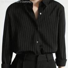 Fashion Women's Clothing Blusa casual de manga larga con botones delanteros y cuello, de corte holgado y con rayas, color negro, para mujer, primavera/verano - Negro01 - Ver 1
