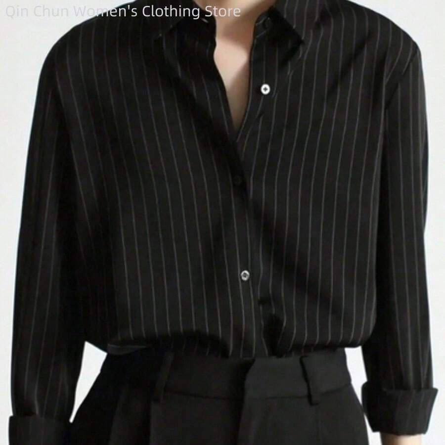 Fashion Women's Clothing Blusa casual de manga larga con botones delanteros y cuello, de corte holgado y con rayas, color negro, para mujer, primavera/verano - Negro01 - Ver 1