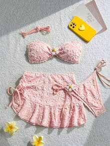 Swim Mod Set de 3 piezas: Top corto de tirantes finos, Bottom de triángulo con lazos laterales y minifalda con volantes y cordón - Rosa - Ver 4