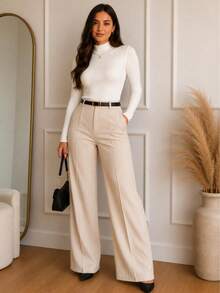 Elegant Women's Winter 2-Piece Set With High-Neck Long-Sleeve Bodysuit And Tailored Trousers + Belt - Winter Fashion - 白色褲子 米色 - 查看 4