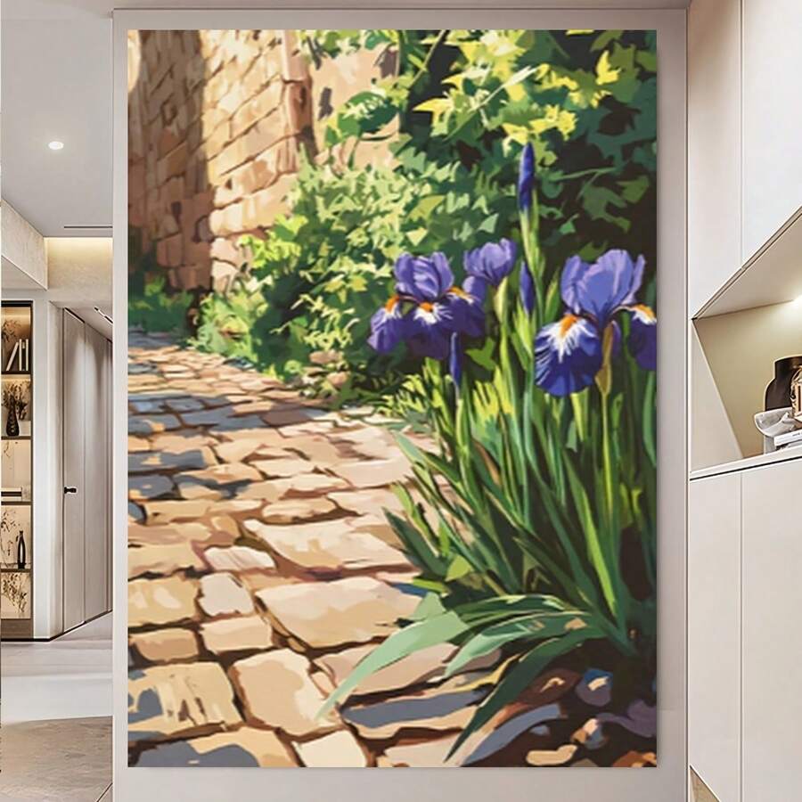Enmarcado Póster de sendero de jardín,  de flores de iris, arte mural vintage, decoración clásica, pintura mural artística, ideal para regalo, decoración del hogar y dormitorio, adecuado para dormitorio, sala de estar, 1 pieza , plano 2D, perfecto para la decoración de la habitación. - Enmarcado - Ver 1