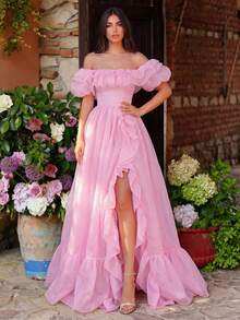 Faeriesty Women's Elegant Ruffle Off-Shoulder Organza Formal Party Dress, Evening Gown, Wedding Guest Dress, Summer Vacation Outfit Pink Spring - Pink - View 4