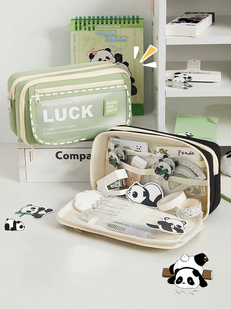 Luck Pencil Bag Pen Case Best Wish Frosted Front Multi Slots Mesh Pocket Storage Pouch For Stationery School - Multicolor - View 1