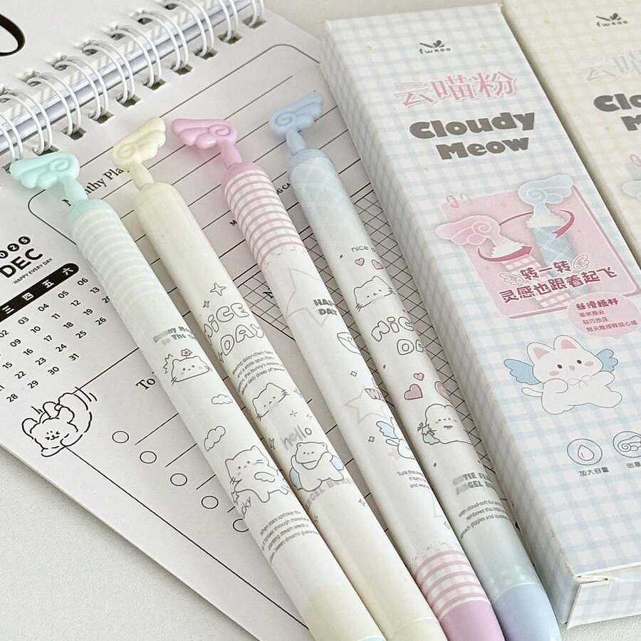 [Back To School] 4支/2支/1支雲朵貓咪凝膠筆，旋轉天使之翼筆蓋，0.5mm黑色墨水，可愛卡哇伊卡通可伸縮筆，學生美學文具 - 雲喵粉 - 查看 1