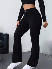 Women's High-Waisted Flare Jeans With Lycra Stretch, Shaping, Butt-Lifting, Bell-Bottom Style - 黑色 - 查看 5