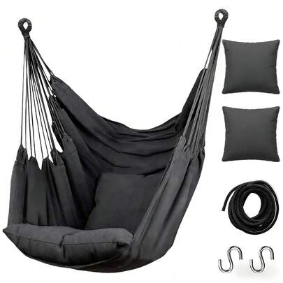 Hammock Chair Hanging Rope Swing With 2 Cushions, 300 Lbs Capacity, Heavy-Duty Cotton Swing Chair Indoor & Outdoor Bedroom, Patio, Balcony, Porch