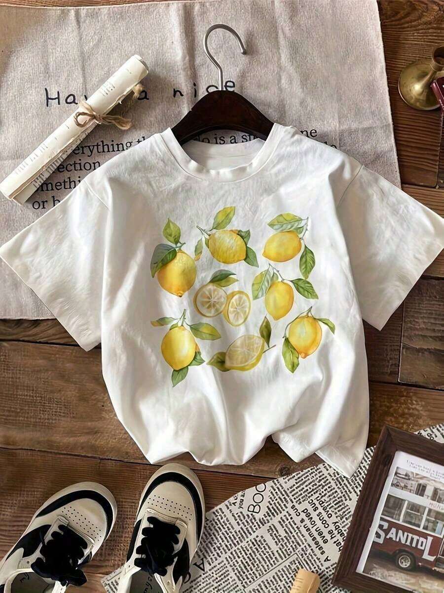 Women's Lemon And Leaf Print Summer T-Shirt - Soft, Stretchy, Casual Round Neck Top, Breathable Short Sleeve Tee For Spring And Summer, Machine Washable, Comfortable For Everyday Wear, Cotton Tee. - White - View 1