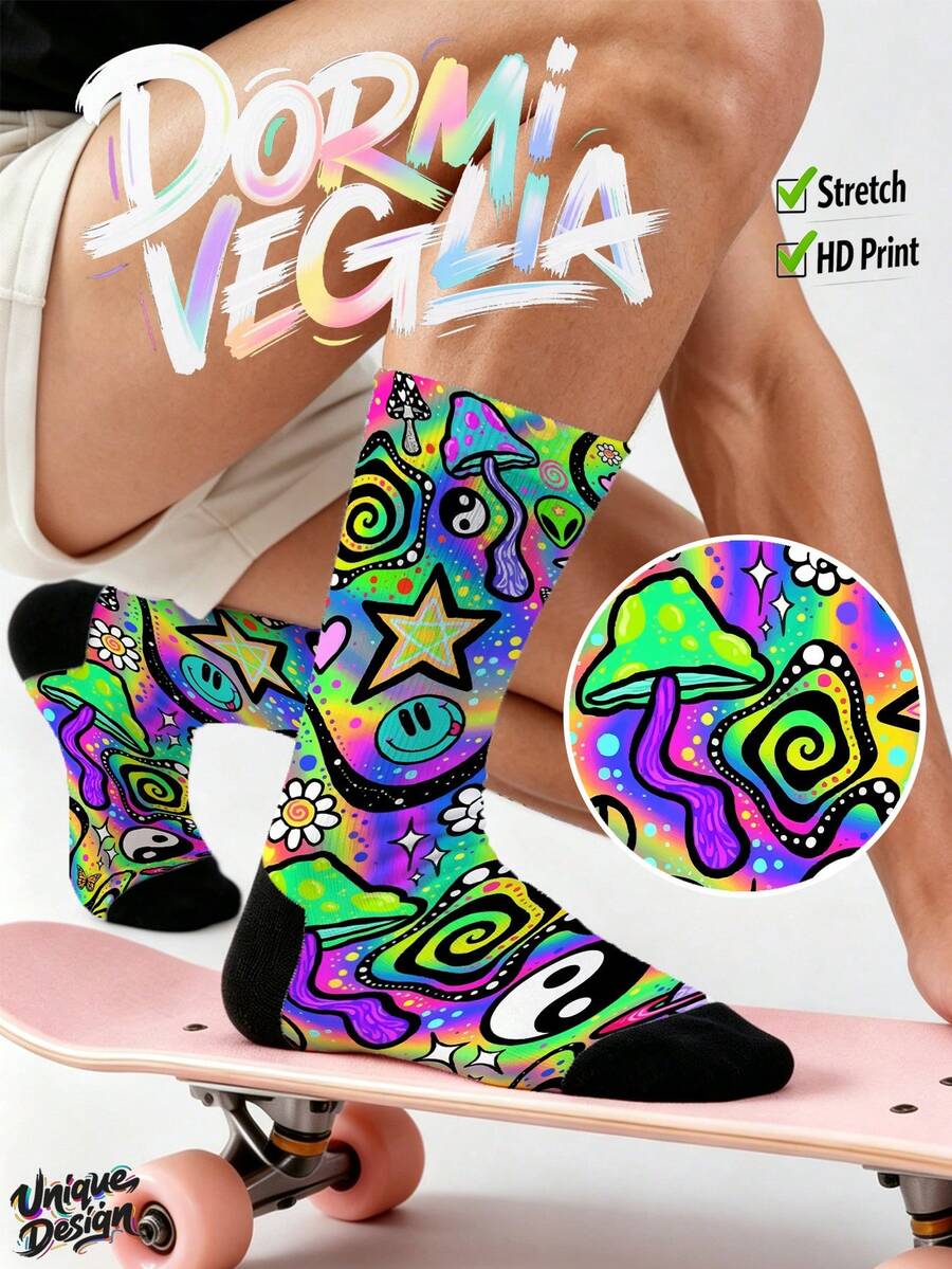 Men's Socks, 360 Degree Print - Fantasy Mushroom, Animal, Colorful, Hip Hop, Street Style, Fun Socks, Couple, Gift, Daily, Party, Holiday - Multicolor - View 1