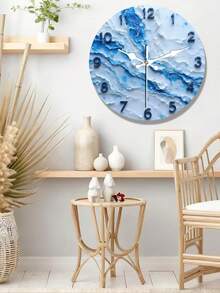 Modern Minimalist Blue Marble-Like Wall Clock - Silent Non-Ticking Wooden Clock With Bold Numerals, Battery-Powered (No Battery Included) - For Living Room, Bedroom, Office, Kitchen - Home Decor Gift For Birthday, Christmas, Housewarming - Compatible With Flat Surfaces, Room Decoration, Contemporary Design, Durable Construction, Stylish Timepiece, Interior Designers, 2D Flat - Multicolor - View 3